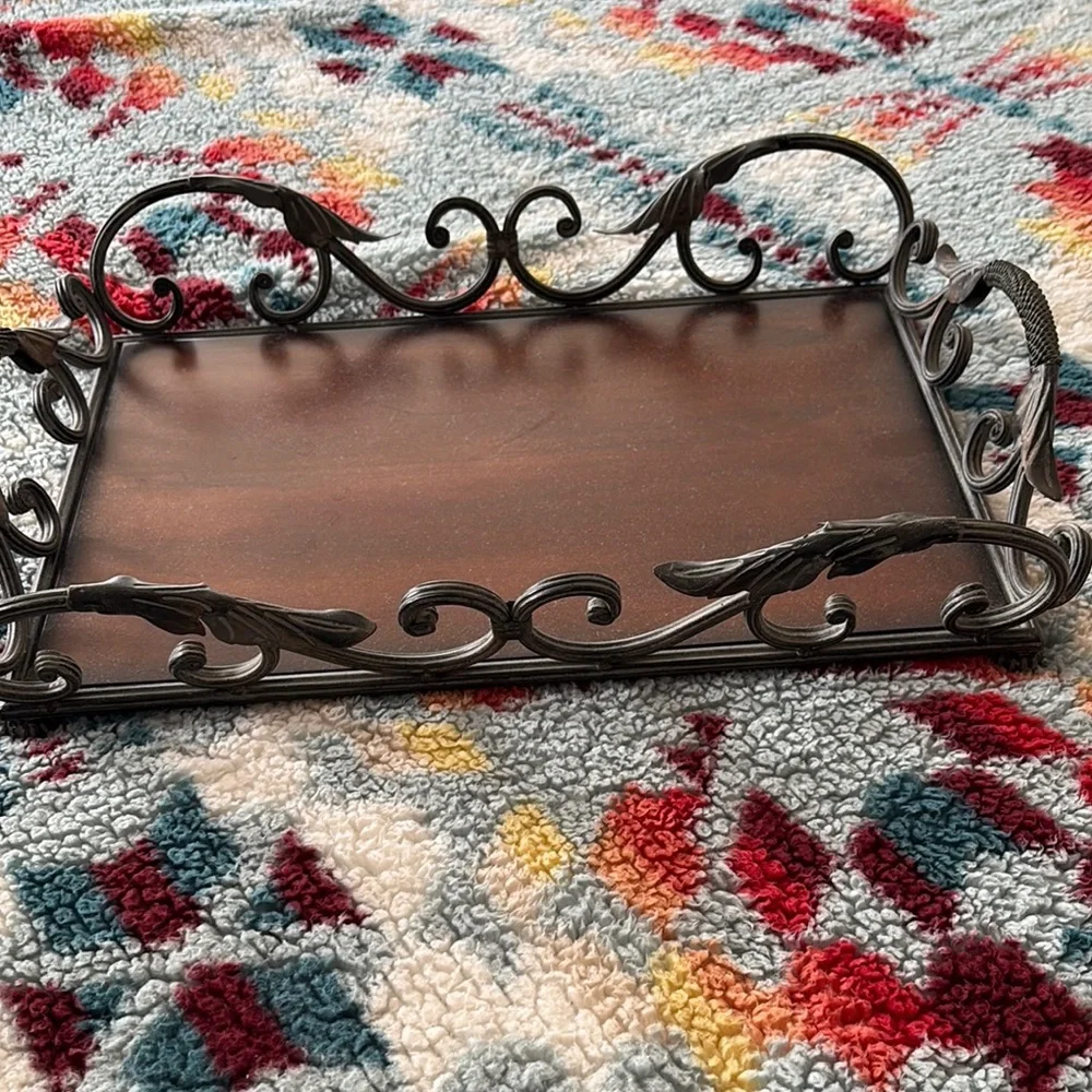 Brown and Black Vanity Tray with Ornate Metal Edges